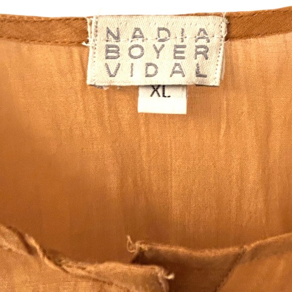 Nadia Boyer Vidal Women XL Embroidered Split Neck Tunic Dress Carmel Long Sleeve - Picture 5 of 13